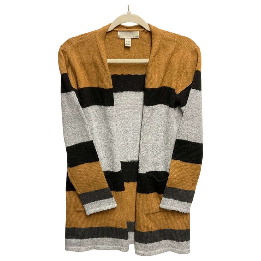 BY DESIGN Striped  Open Front Cardigan Sweater‎ Women"s Sz S Mustard Black Grey